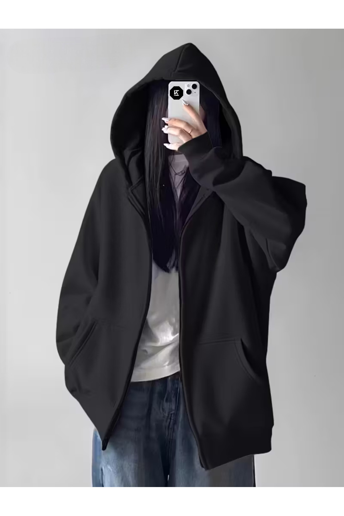 Karatopak  Unisex Kanguru Cepli Oversize Kapüşonlu Fermuarlı Sweatshirt / Hırka