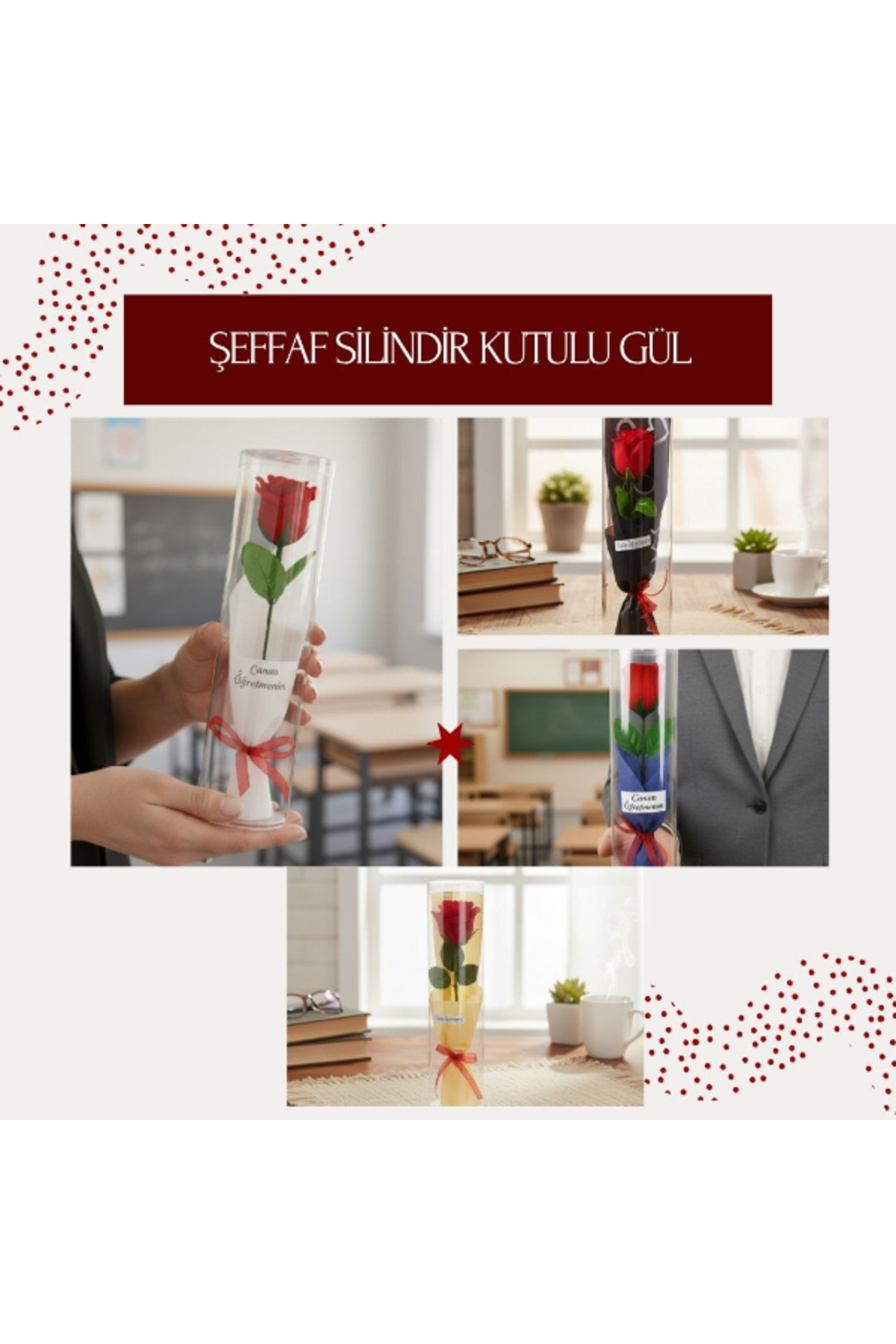 TTT.desıgn Şeffaf Silindir Kutulu Gül - Öğretmenler Günü Hediyesi
