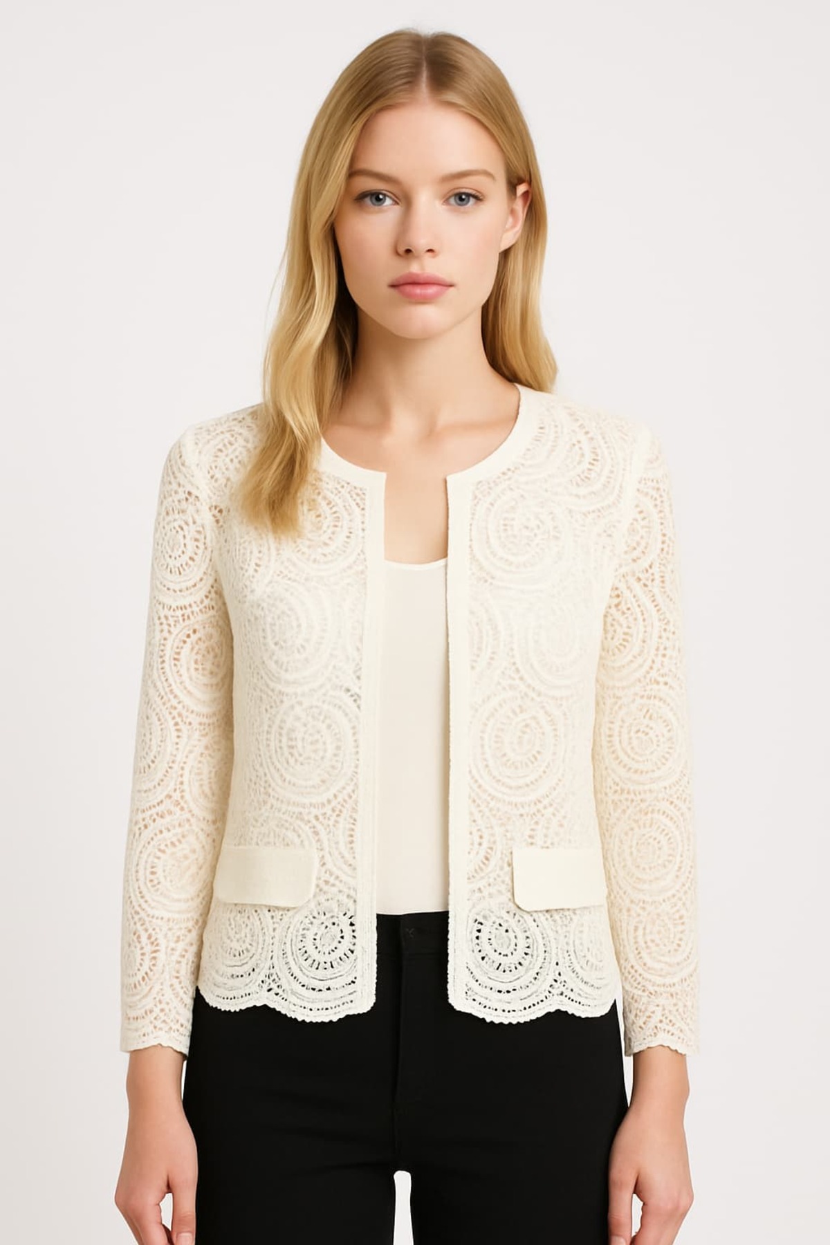 By Mare Style  MARLEN Özel Nakışlı Ekru Dantel Ceket - Görsel 5