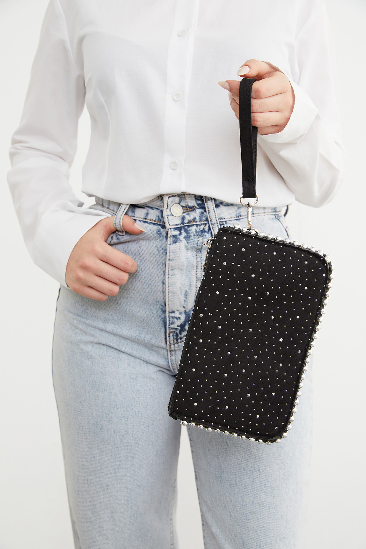 Fulla Moda Taşlı Zincir Askılı Süet Kol Çantası