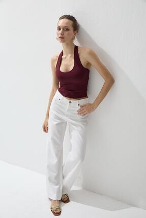 TUBİA Kadın Bordo Renk Halter Yaka Crop Bluz