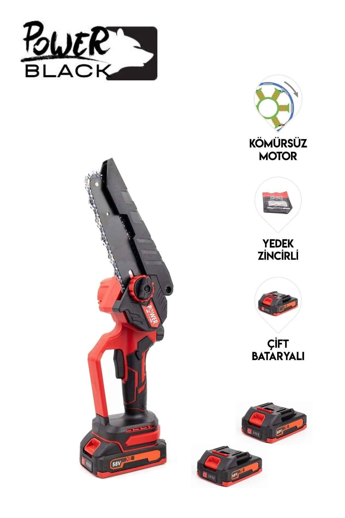 POWER BLACK ULTRA GÜÇLÜ 2 ZİNCİR 1 PALA 2 BATARYA 1 ŞARJ CİHAZI KÖMÜRSÜZ 17 CM PALA KIRMIZI