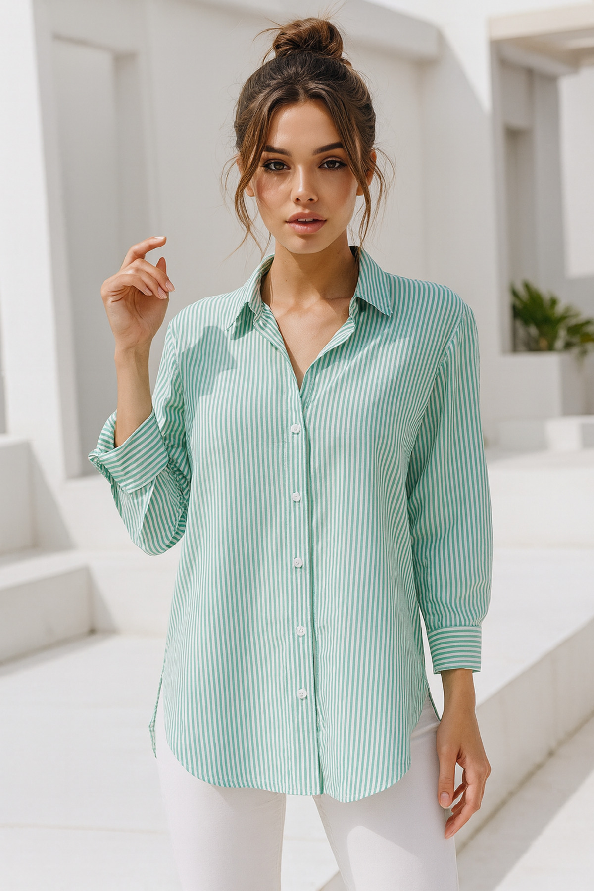 Rich  Kadın Turkuaz Çizgili Uzun Kollu Oversize Gömlek - Görsel 5