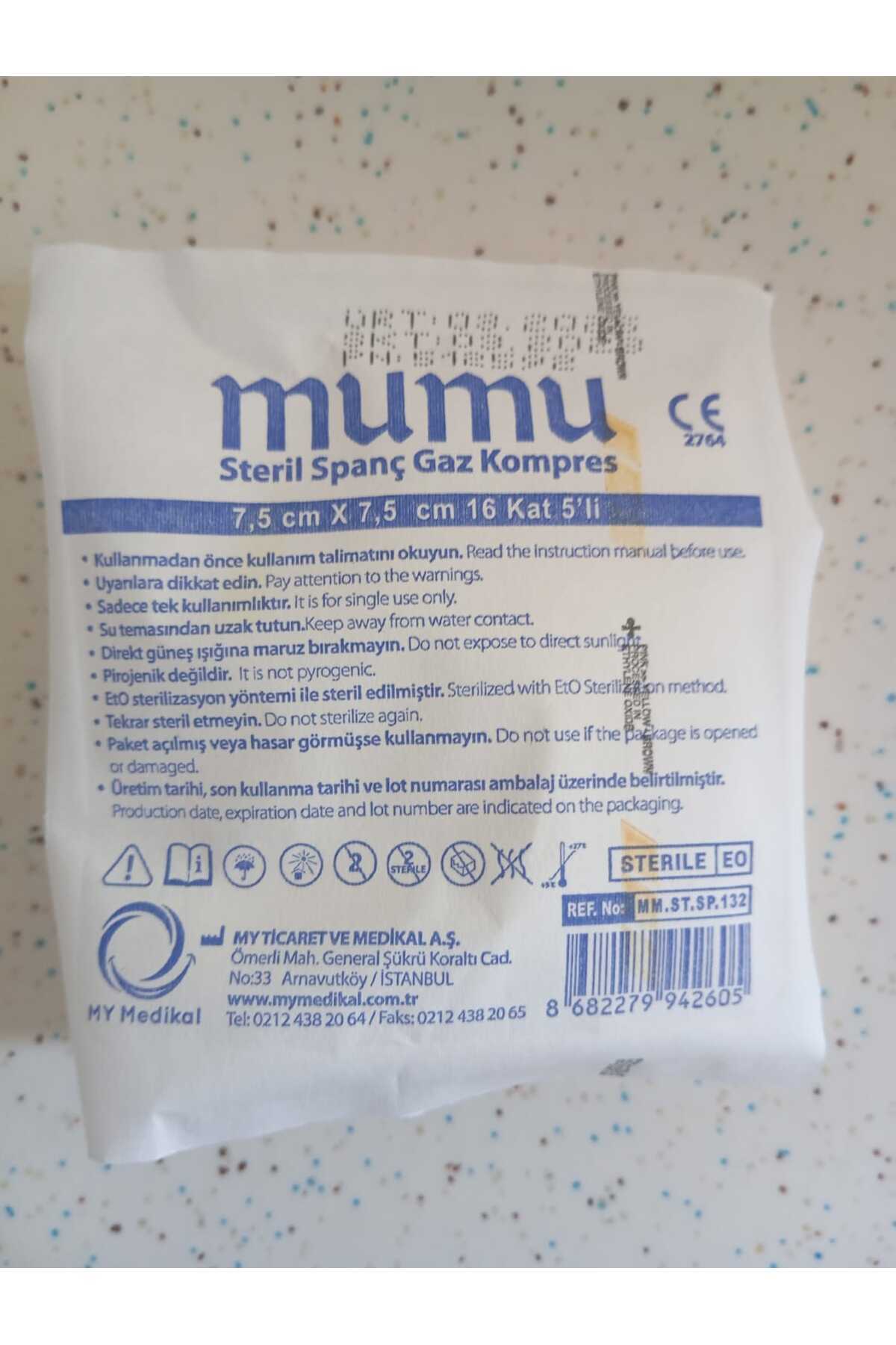 Mumu 7.5X 7,5 5'Lİ 16 KAT ÖZEL STERİL GAZLI BEZ SPANÇ 20 PAKET (100 ADET)