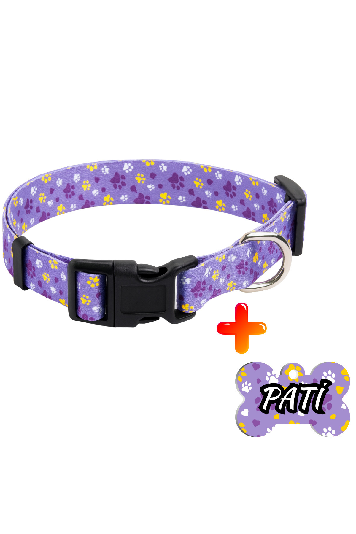 Cocopet İsimli Köpek Boyun Tasması Mor Pati Desenli ikili set Tasma + isimlik Tüm ırklar için uygun beden