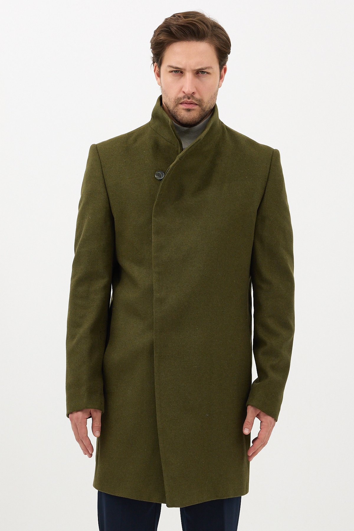 Frappoli  Pagano Erkek Haki Şal Yaka Slim Fit Kaşe Kaban - Görsel 6