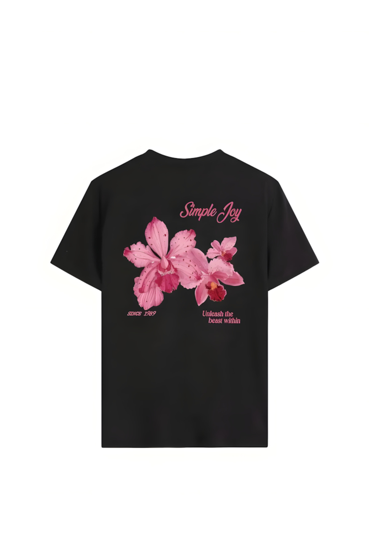 Printiva  Zenrova Unisex Oversize SİMPLE JOY ÇİÇEK Baskılı Pamuklu Bisiklet Yaka Kısa Kollu SİYAH T-SHİRT - Görsel 4