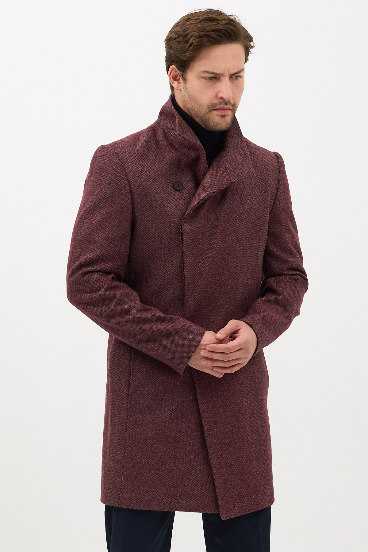 Frappoli Liberto Erkek Bordo Şal Yaka Slim Fit Kaşe Kaban görsel 7