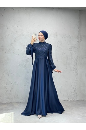 Lamia Giyim Pul Payet Detay Saten Abiye Lacivert