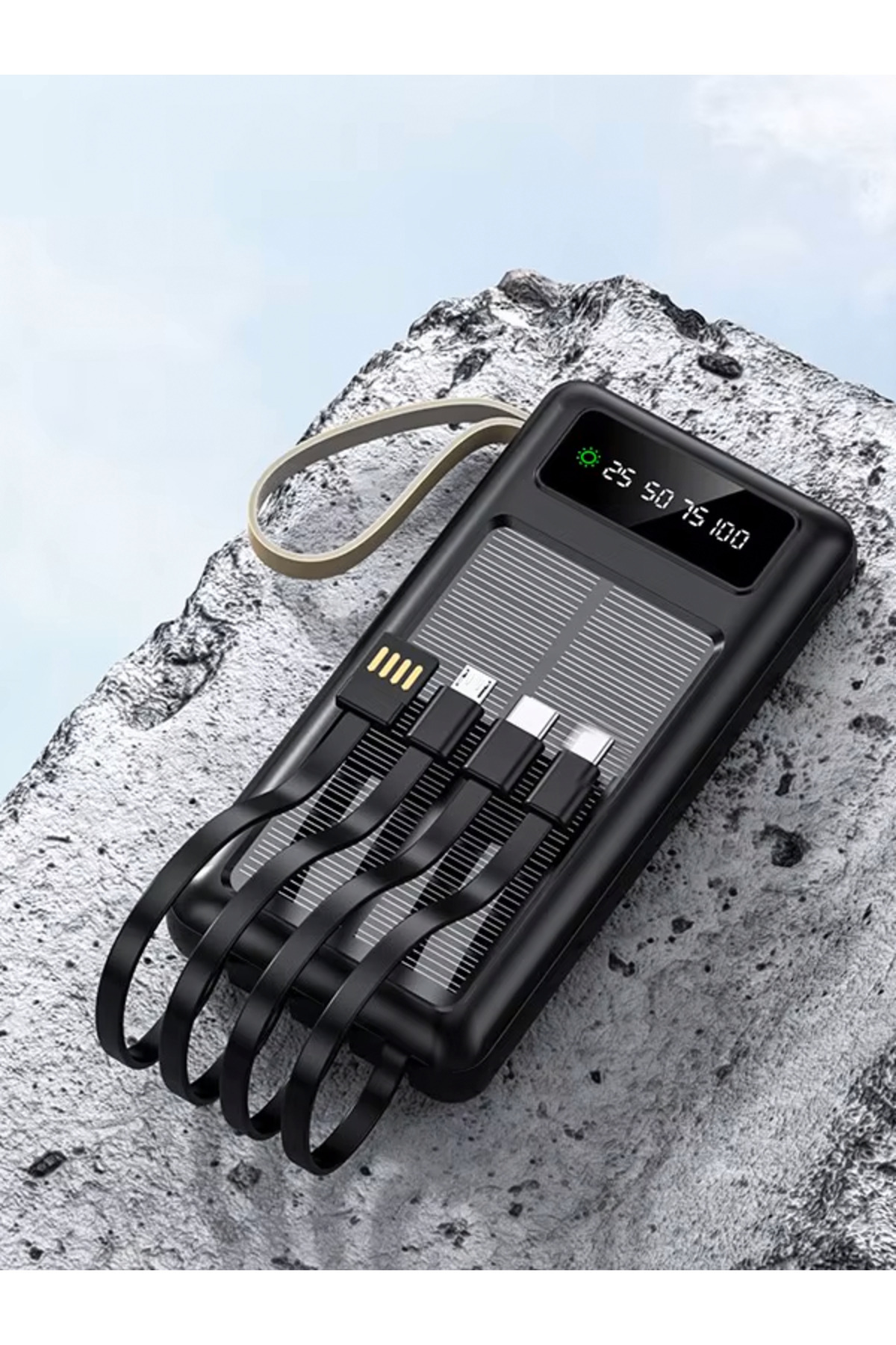 ERDİNEKS 30000mAh Solar Güneş Panelli Led Ekranlı Type-C Micro USB Lightning Kablolu USB Çıkışı Powerbank