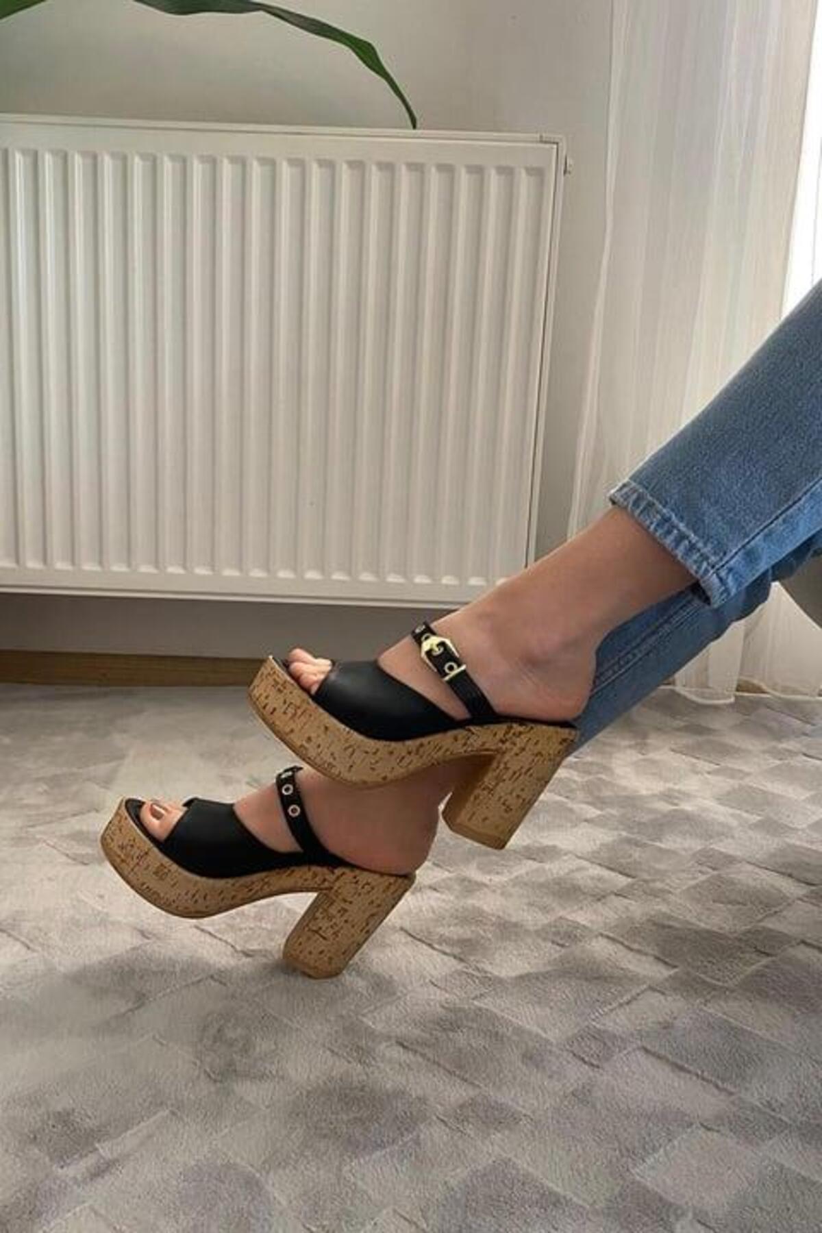 Women's Rumi Mushroom Sole Platform Heeled Slippers 10 Cm SND456 Black