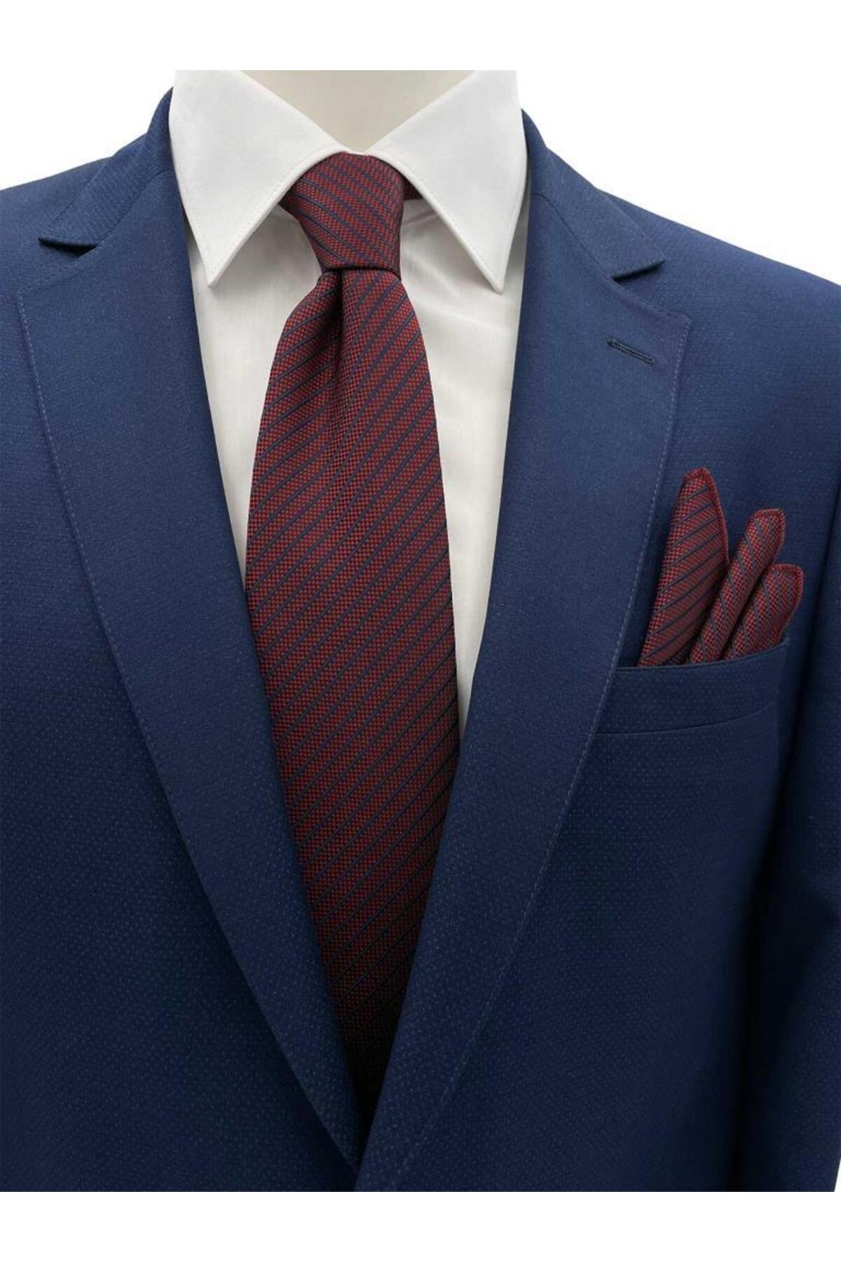  ست کراوات و دستمال جیبی راه راه زرشکی و سرمه‌ای ۷.۵ سانتی‌متری