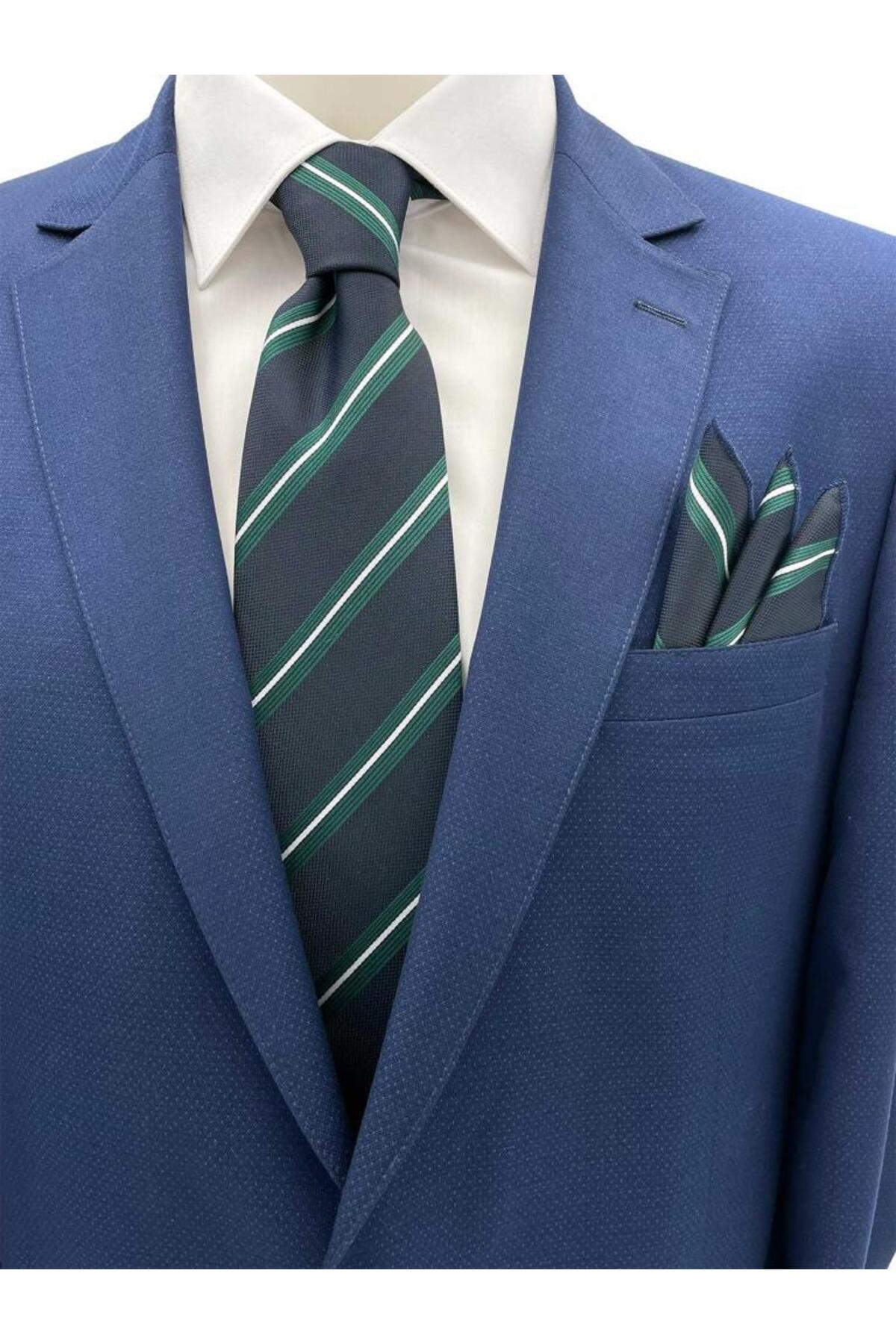  ست کراوات و دستمال جیبی راه راه آبی سرمه‌ای، سبز و سفید ۷.۵ سانتی‌متری