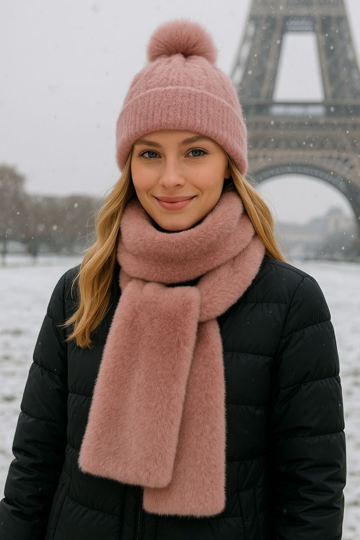 Genel Markalar Pembe Kılçıllı Ponponlu Bere ve Boyunluk 2’li Set