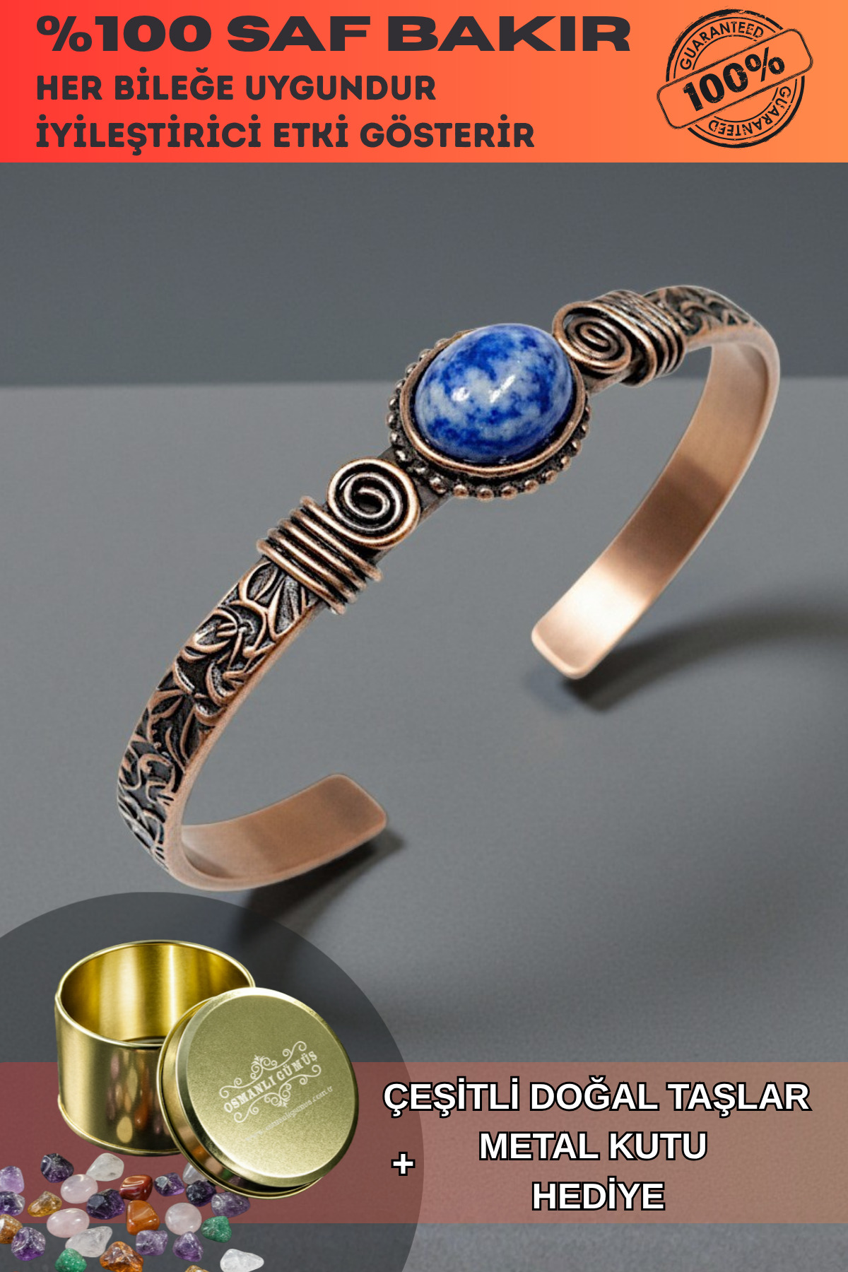 Copper Clamp Bracelet Blue Sodalite Natural Stone Male Female Natural Stones and Metal Boxed