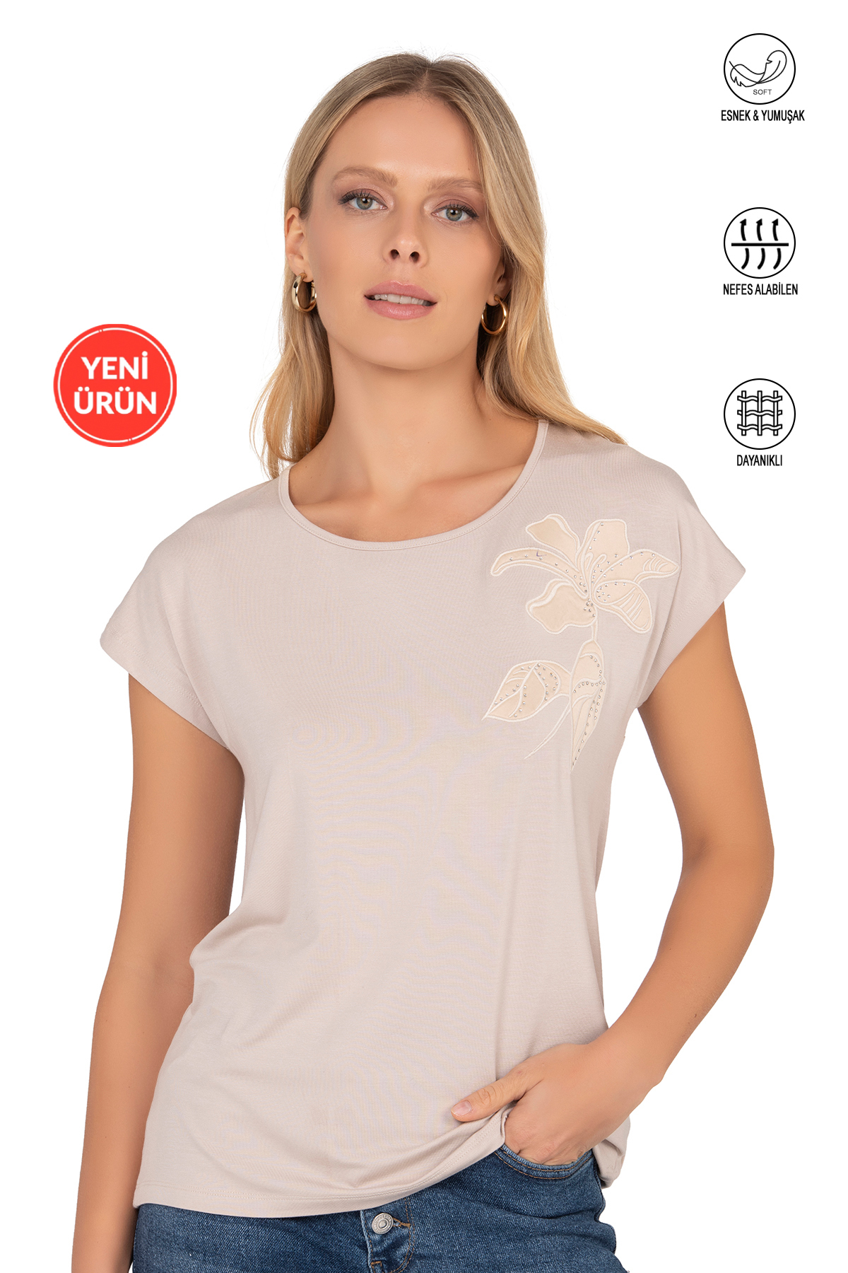 Özkan 27468 Women's Premium Fabric Front Printed Lycra Knitted Blouse