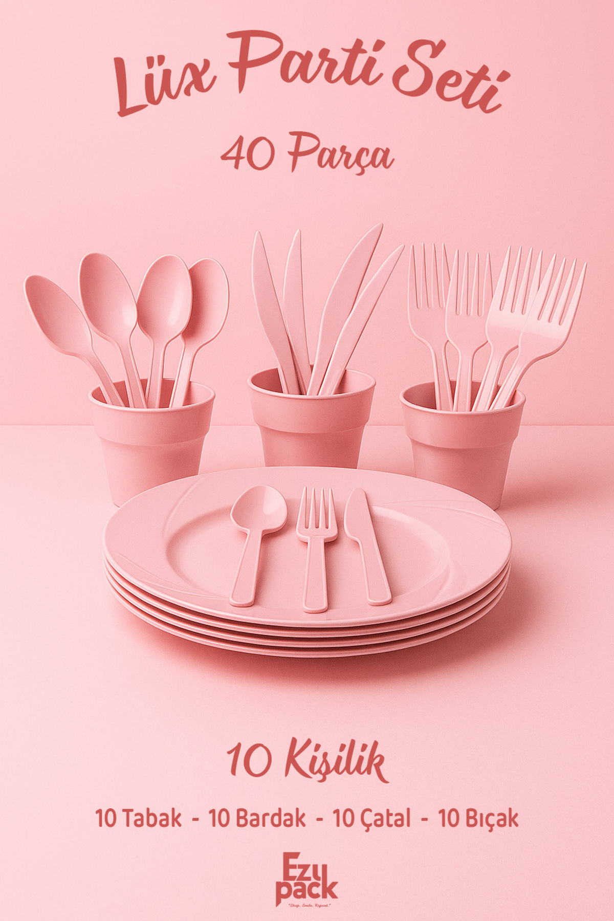 Ezupack 10'lu LÜX SERT PLASTİK Parti Doğum Günü Sunum Davet Nişan Söz Tabak Bardak Çatal Kaşık Bıçak Seti