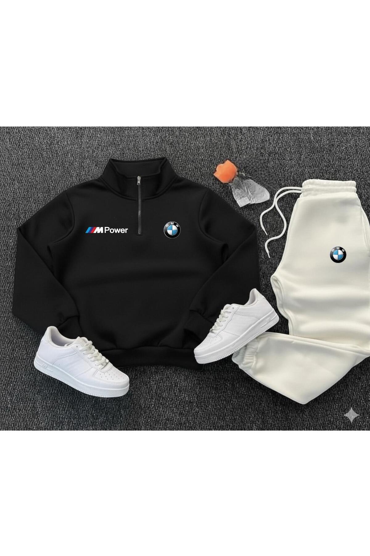 zeag 3 ipYarım Fermuarlı Bmw Baskılı Pamuklu Siyah Sweat-pamuklu Siyah Eşofman Altı Takım Alt Üst 2'li