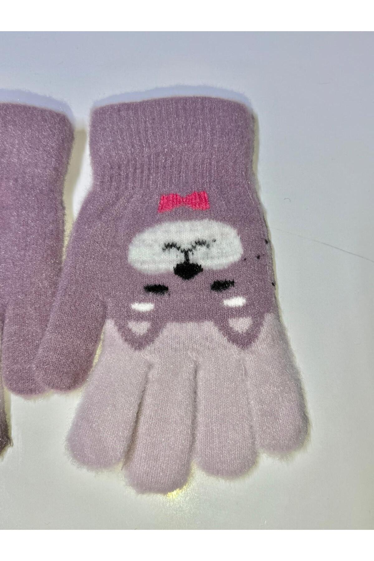 JHTshop kız çocuk Örme Jakarlı Sıcak Beş Parmak Eldiven Sevimli kucaklama Ayı nakışlı 4-8 yaş fotoğrafı 3 (önizleme)