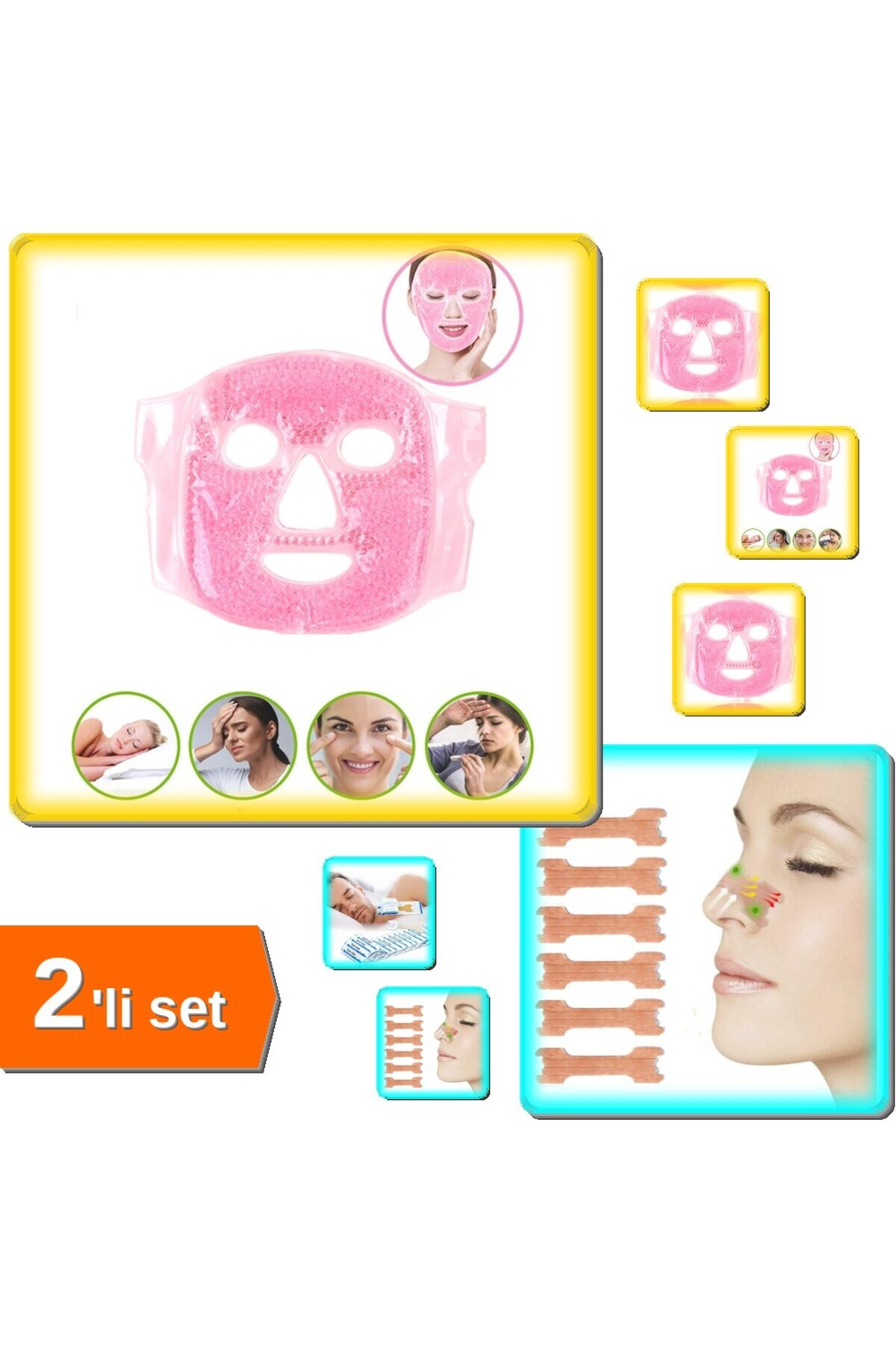 HerEveOyuncak Soğuk Sıcak Jel Yüz Maskesi + 10 Adet Horlama Burun Bandı - 2li Set Y6M9F4