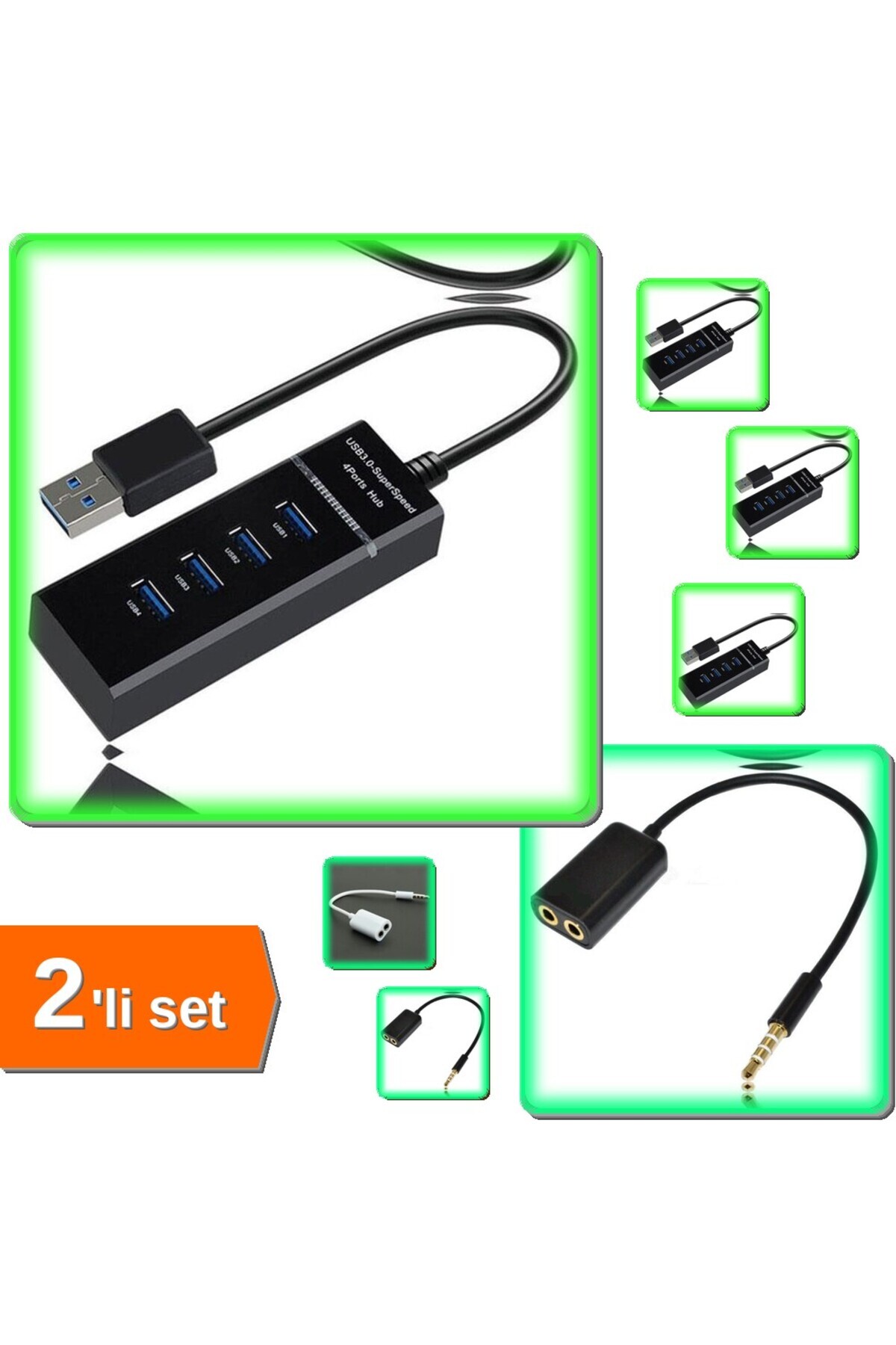 HerEveOyuncak 4 Girişli Usb Çoğaltıcı - 3.0 - 4 Port Usb Hub + Kulaklık Çoklayıcı - 2li Set X7W4M2