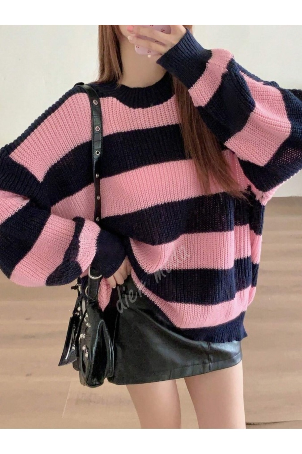 Dier Moda  Kadın kalın çizgili tüylenmez oversize triko kazak, Kadın kazak - Görsel 2