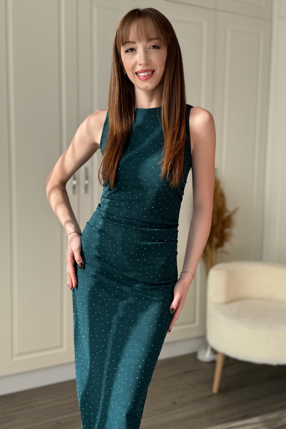 Draped Gemstone Midi Green Dress