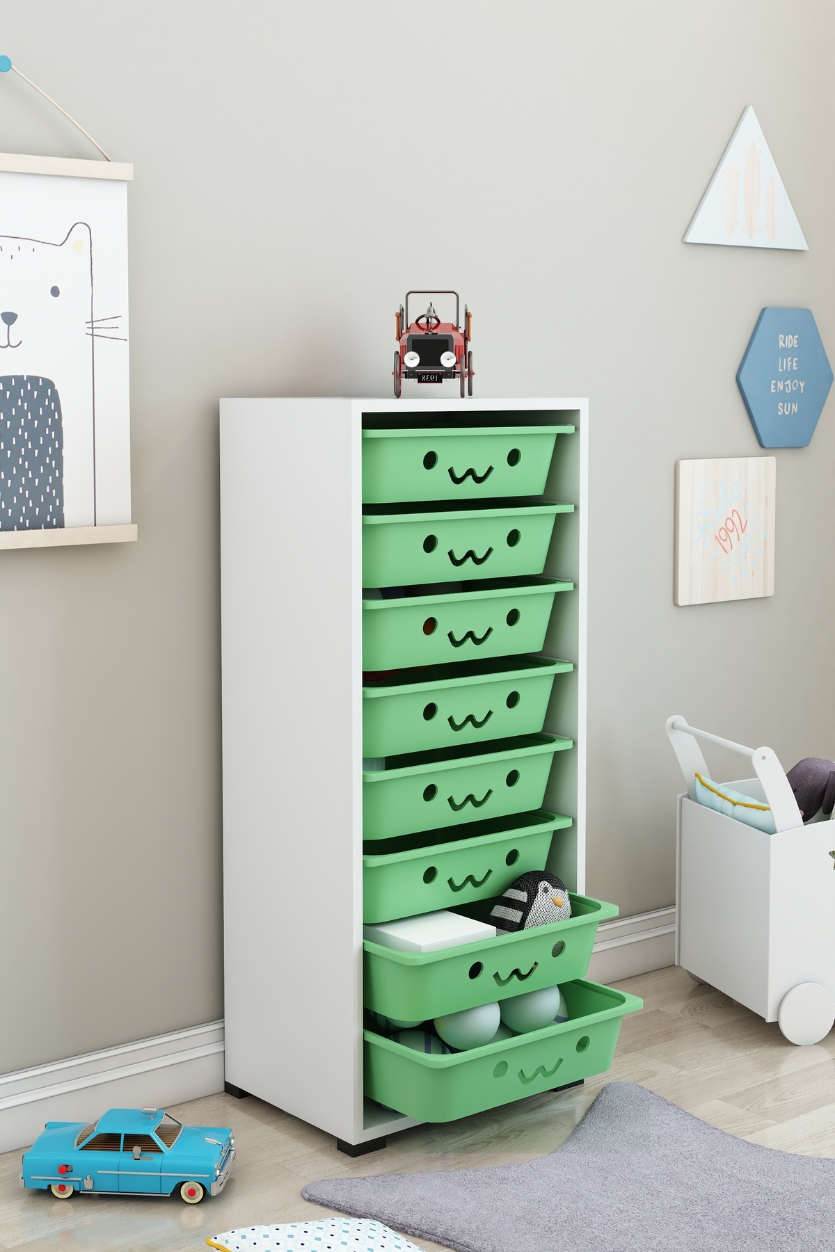 DEKOZUM KİDS 8 Sepetli Gülenyüzlü Oyuncak Dolabı Oyuncak Organizeri Oyuncak Box