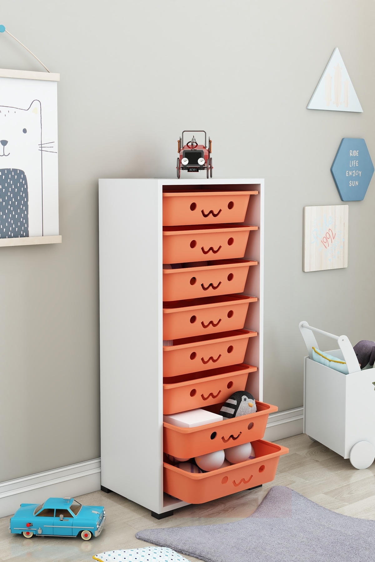 DEKOZUM KİDS 8 Sepetli Gülenyüzlü Oyuncak Dolabı Oyuncak Organizeri Oyuncak Box