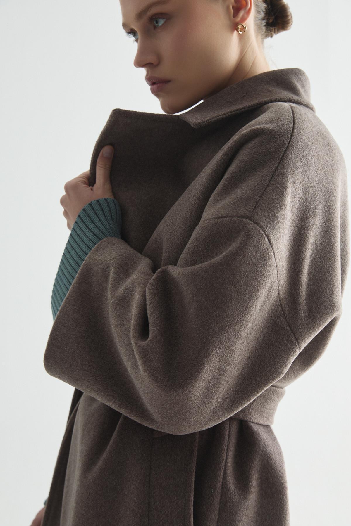 Zeyyen  KAŞMİR DOKULU KUŞAKLI UZUN KABAN KAHVERENGİ - Görsel 7