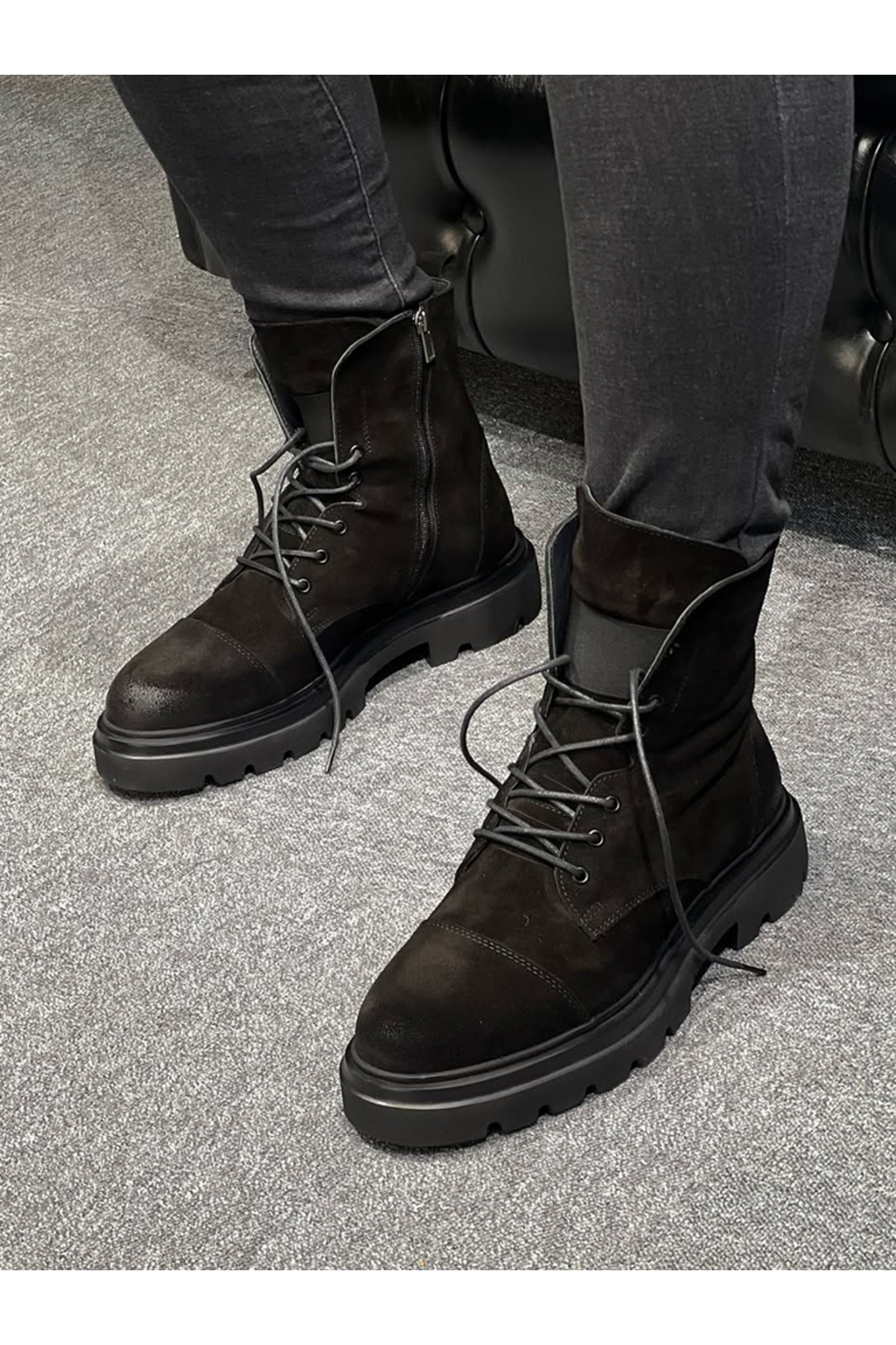 Avni Ceylan  Erkek Siyah Hakiki Deri Bağcıklı Postal Bot Kalın Taban & Kışlık Konfor