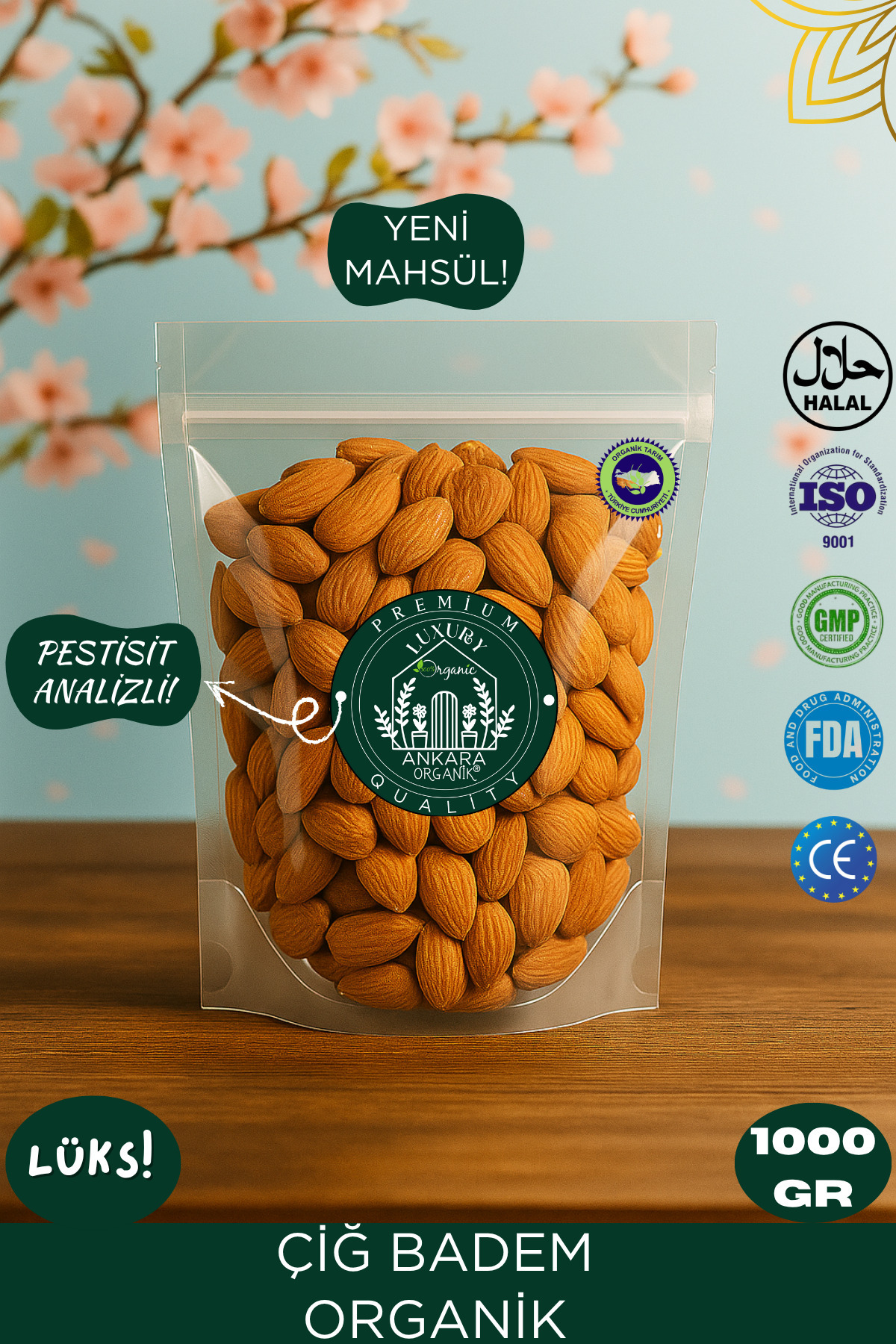 Ankara Organik Organik Badem Çiğ - Yerli, Yeni Mahsül, Premium 1000 GR