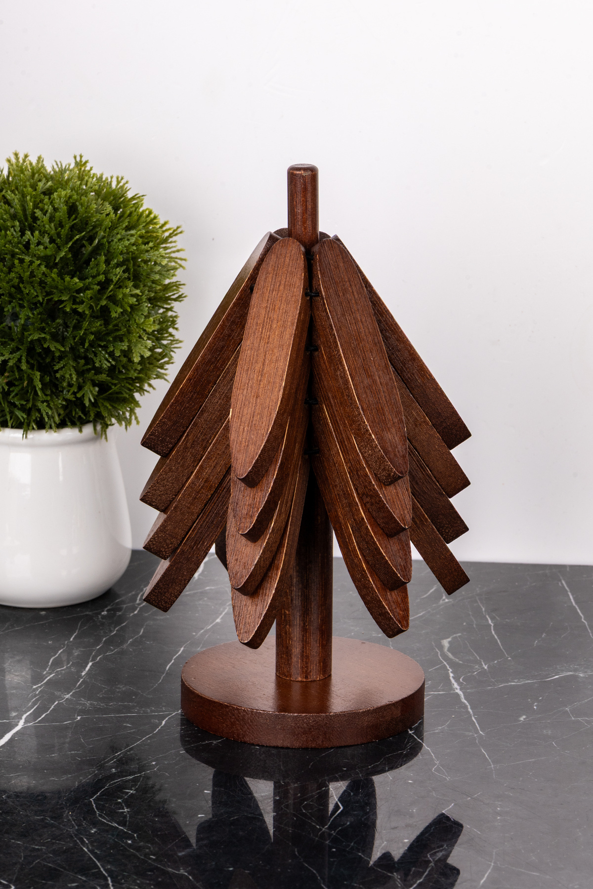 DNS HOME 4'lü Akasya Standlı Bambu Ağaç Nihale Seti Isıya Dayanıklı Bardak ve Tencere Altı Katlanır Nihale