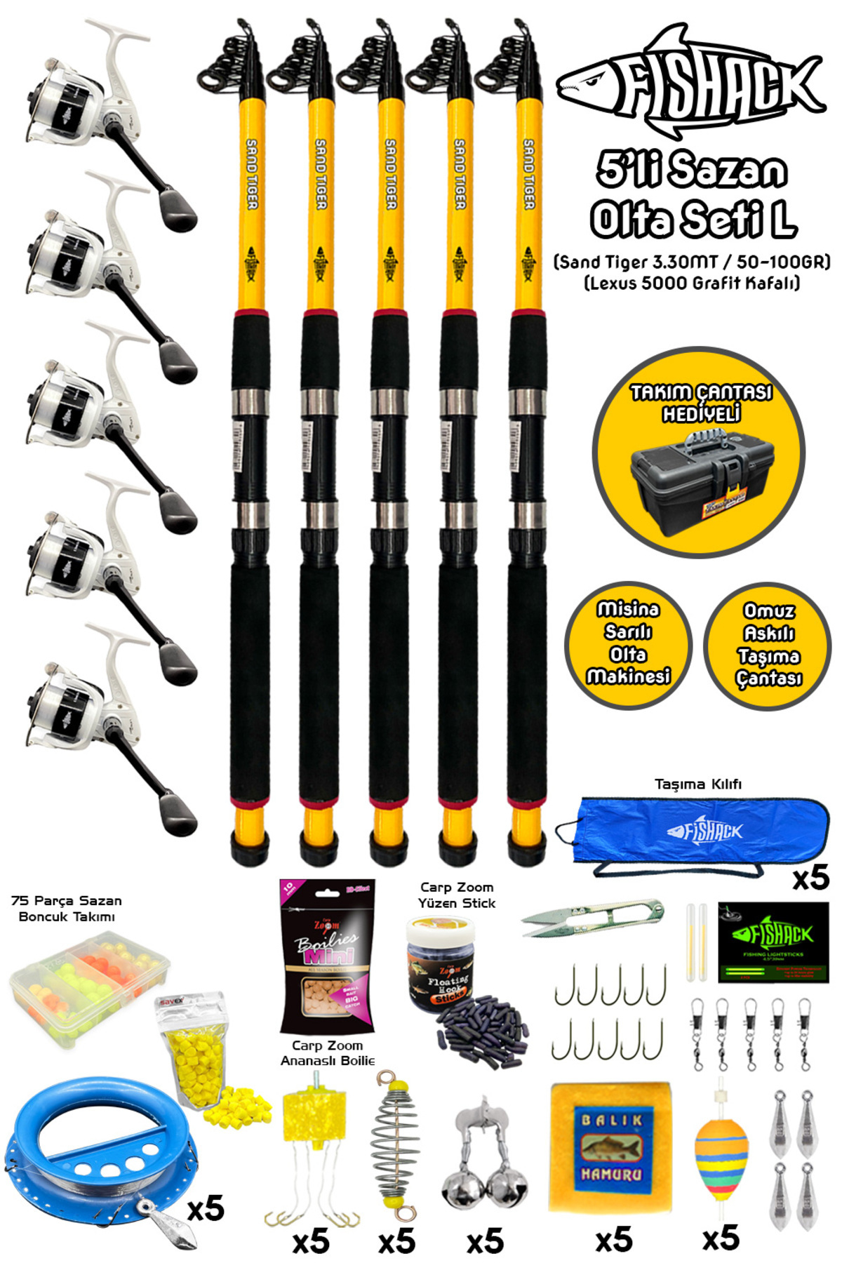 Fishack Tam Takım Sazan Olta Seti - 5'li Set - L - 3.30MT/50-100GR