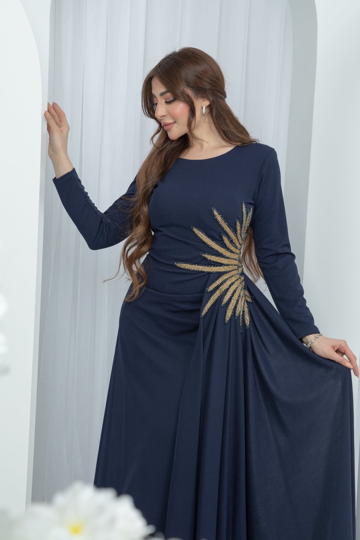 TREN Navy Blue Evening Dress With Gold Embroidery Long Sleeve Formal Gown  Draped Maxi Dress Women for Women price in Saudi Arabia | Compare Prices