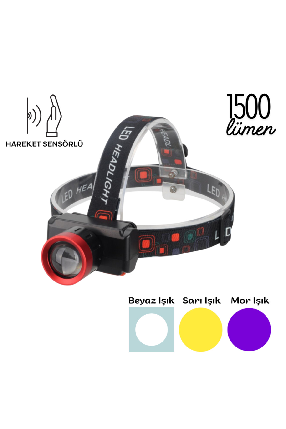 TAREZ Hareket Sensörlü Şarjlı Kafa Lambası – 3 Renk + UV Işık