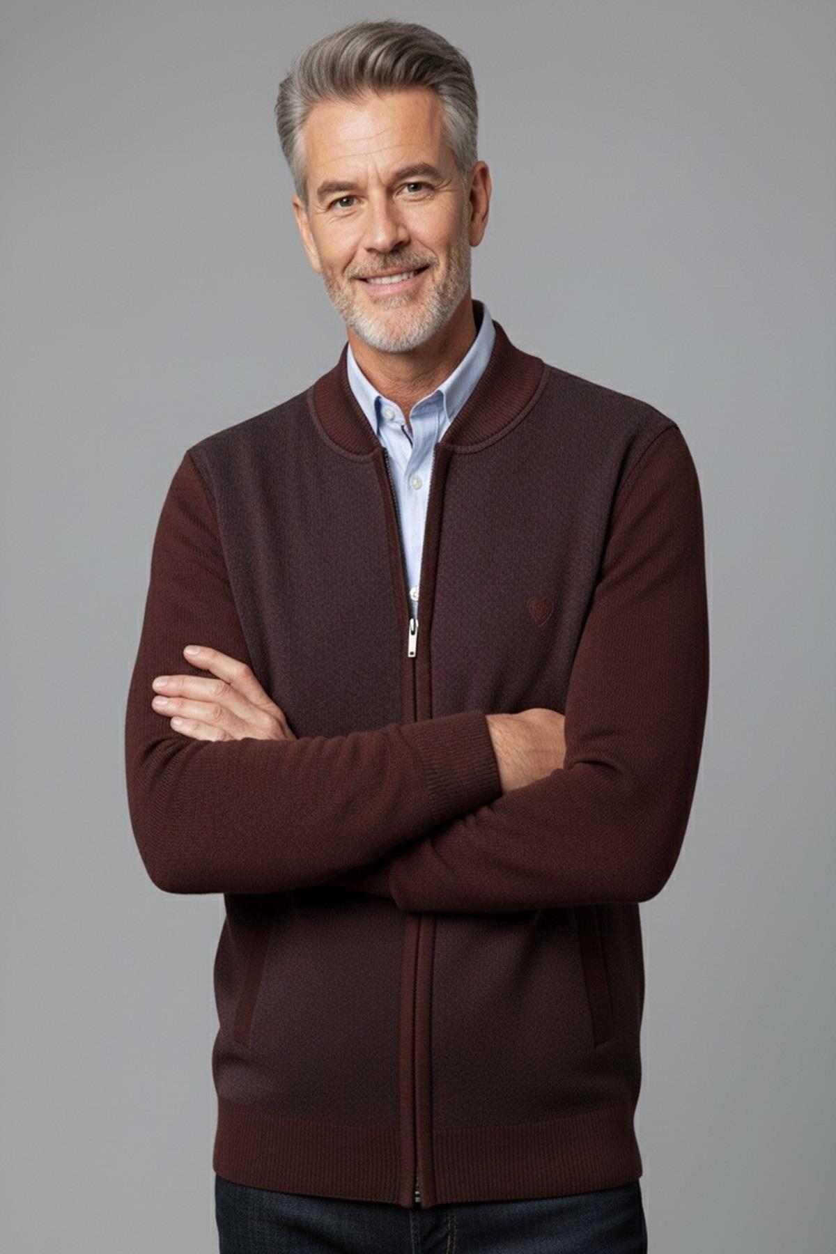 Mutlu City  Erkek Orta Yaş ve Üzeri Triko Örgü Akrilik Fermuarlı Kışlık Baba Hırka 2062-Bordo - Görsel 5