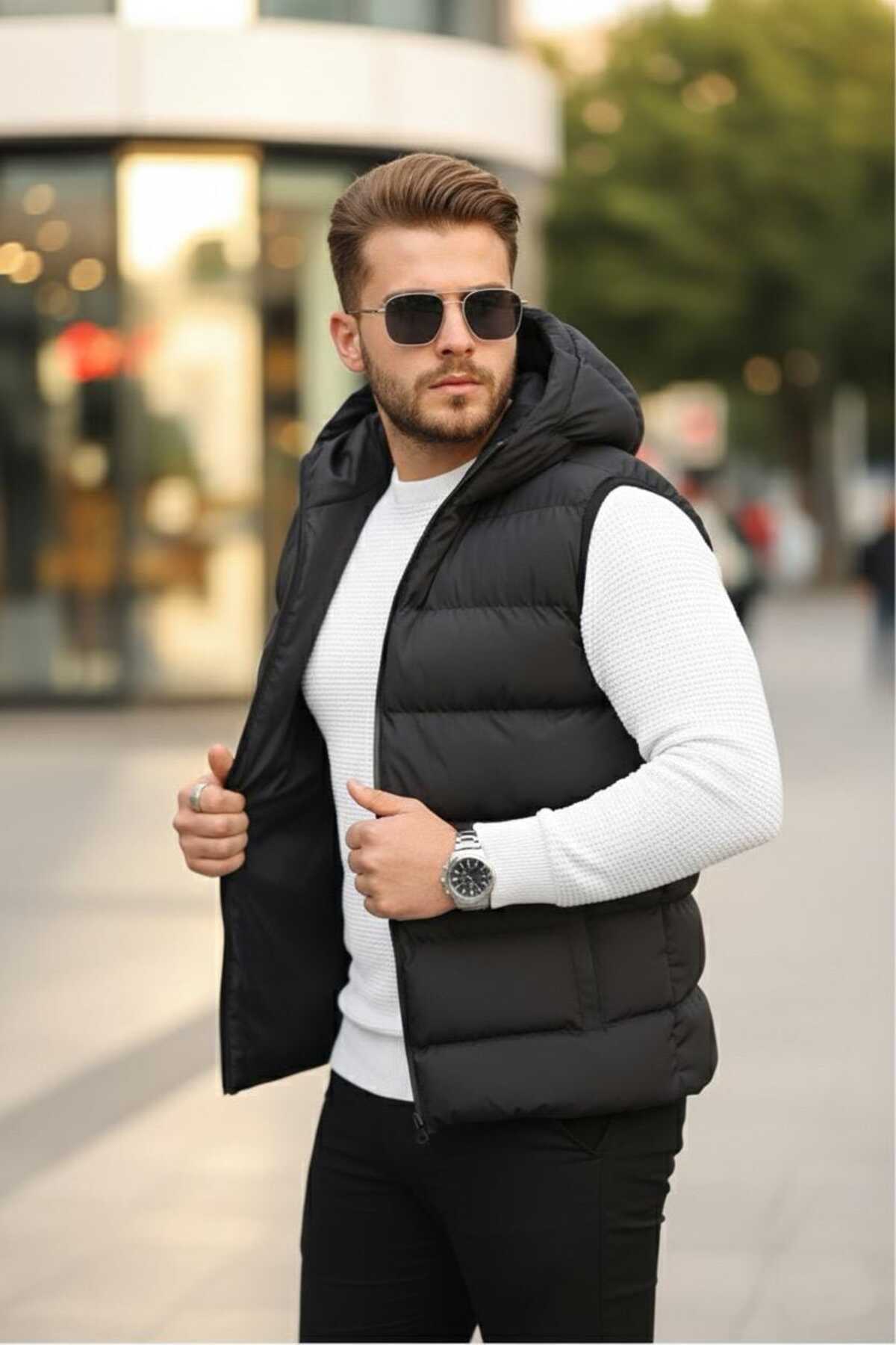 Last fashion Su Geçirmez Kapüşonlu Rahat Kalıp Şişme Yelek