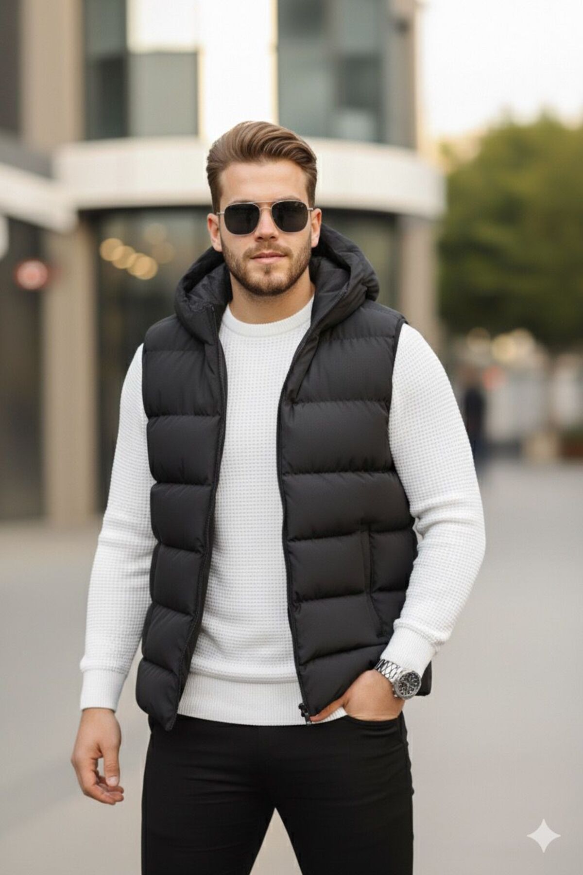 Last fashion Su Geçirmez Kapüşonlu Rahat Kalıp Şişme Yelek görsel 2