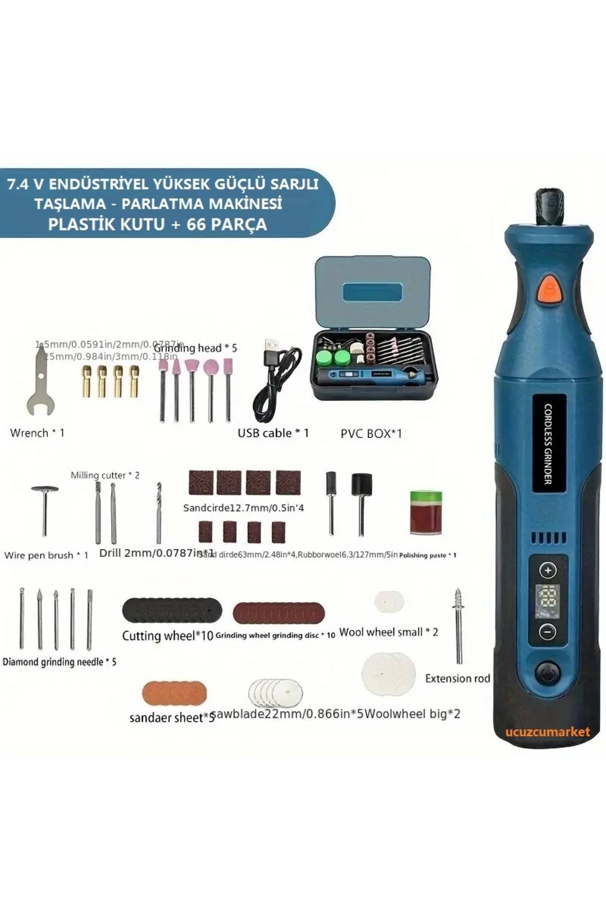 Kalite 7.4V Yüksek Güçlü Lityum Elektroplakaj Şarj Edilebilir Taşlama-Parlatma Makinesi (66 - Parça Seti)