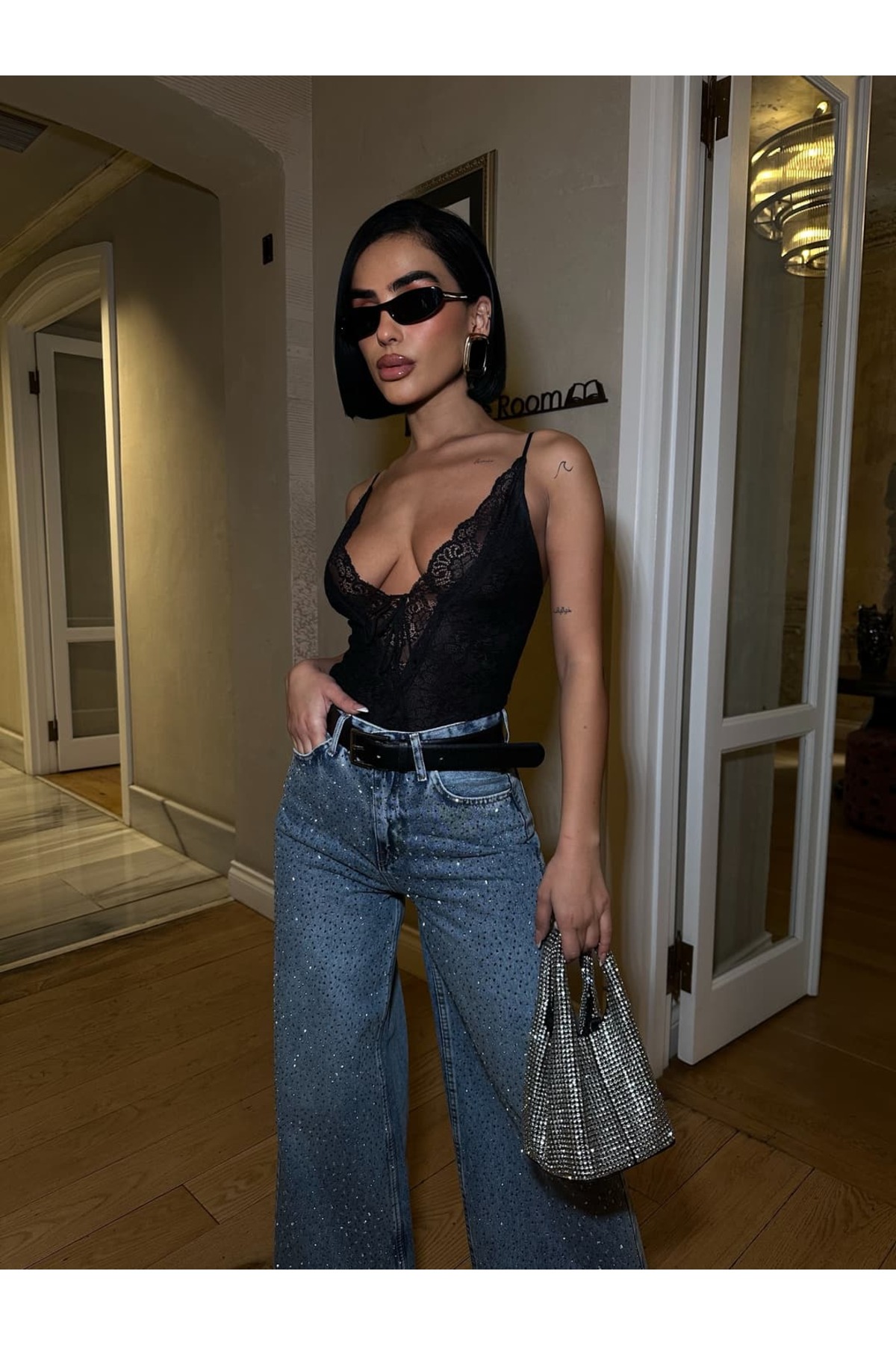 GLAMMOSS L'Atelier  Yüksek Bel Taşlı Wide Leg Baggy Jean - Görsel 6