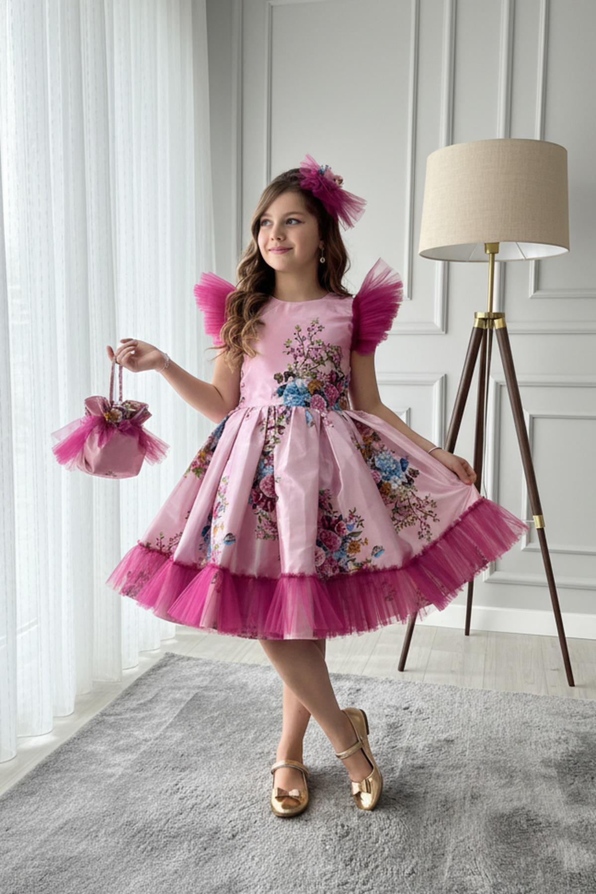 Floral Patterned Satin Bag Buckle Style Kids Evening Dress ABY242