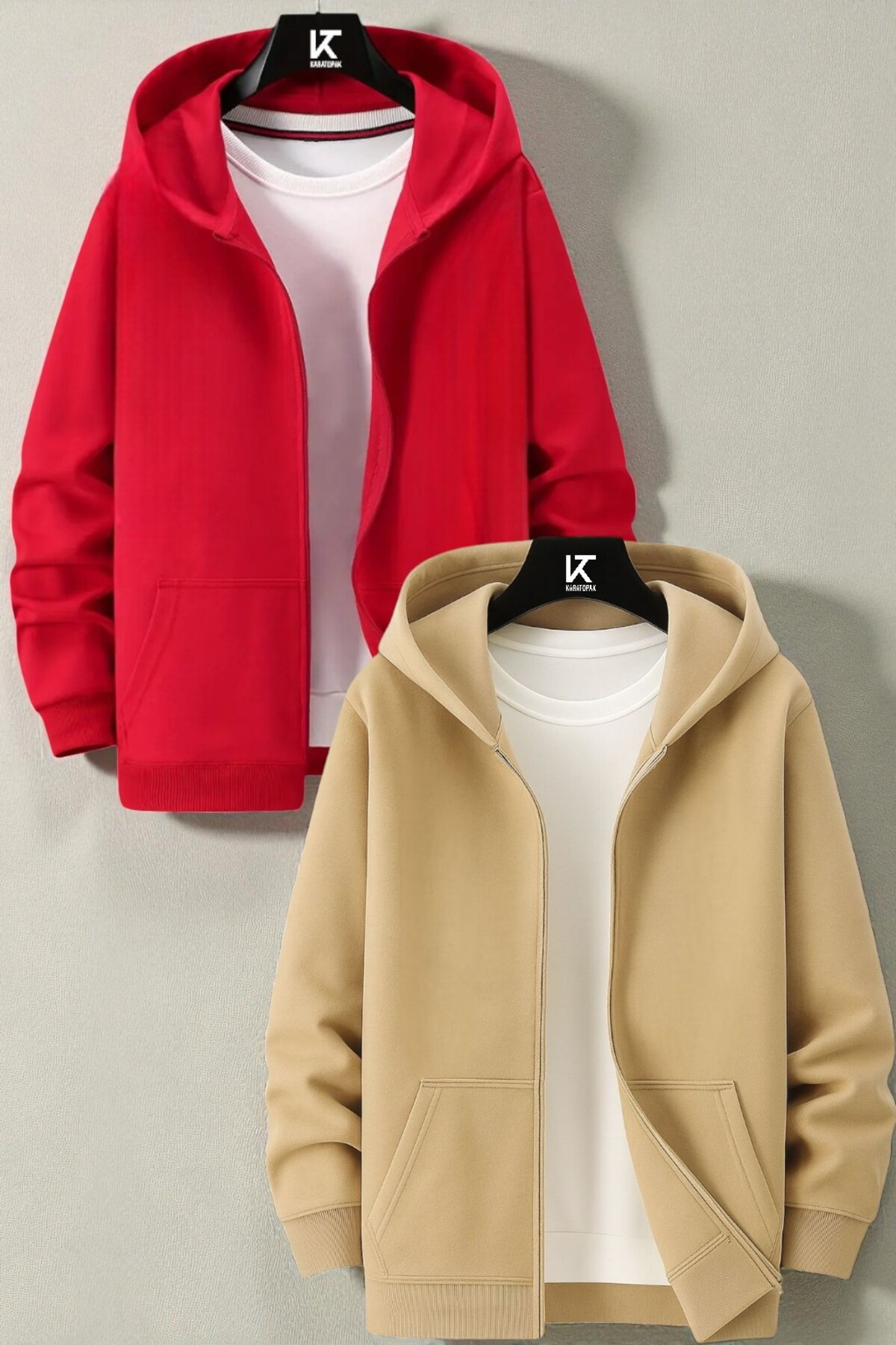 2'li Kapüşonlu Unisex Fermuarlı Sweatshirt / Hırka — قرمز yenihrkafermuarlı