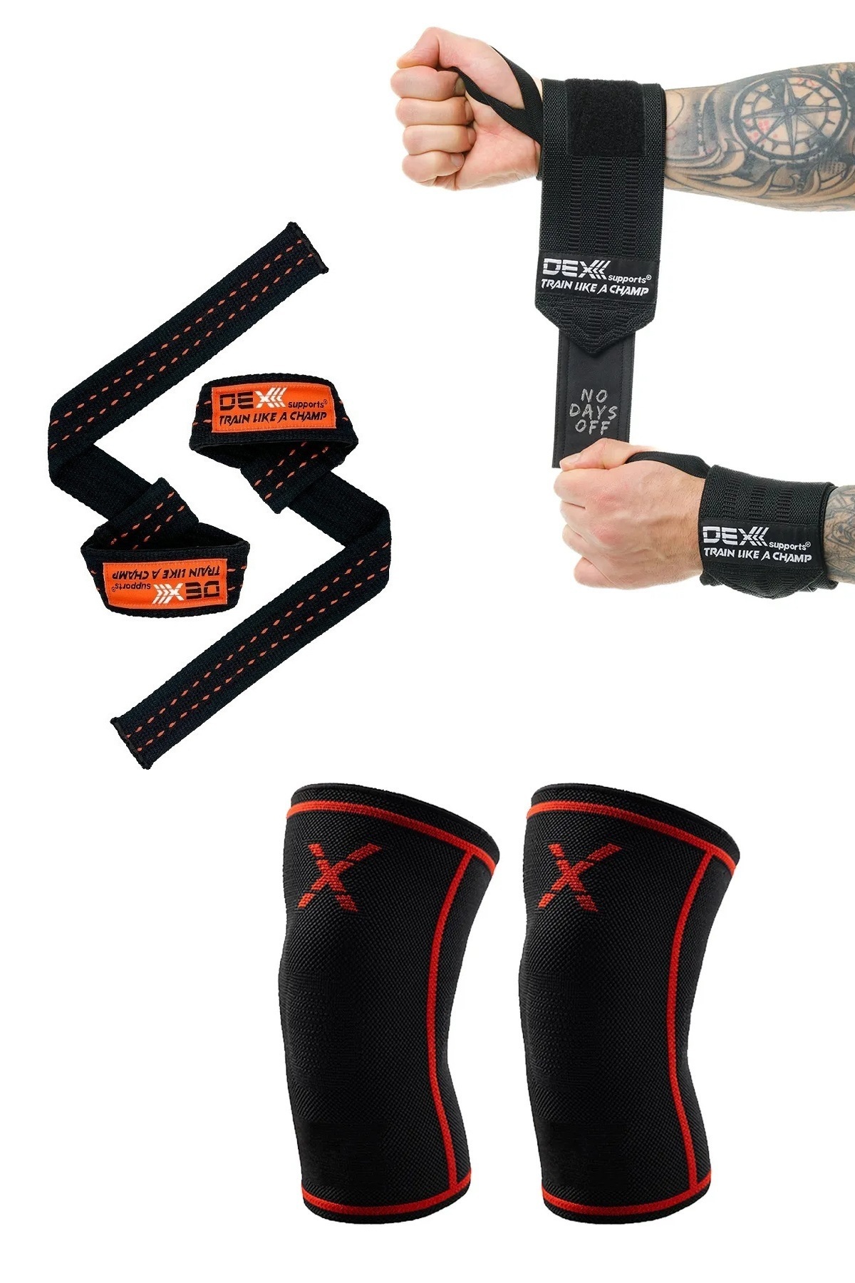 Dex Supports Spor Dizlik Knee Sleeve , Spor Bileklik Wrist Wraps Legend , Lifting Straps 3'lü Set
