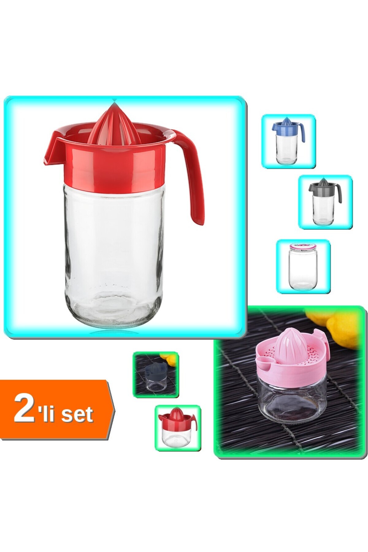 HerEveOyuncak Sürahi Tipi Cam Narenciye Sıkacağı 660 ML + Cam Kavanozlu Limon Sıkacağı 300 ML - 2li Set D1X7W6