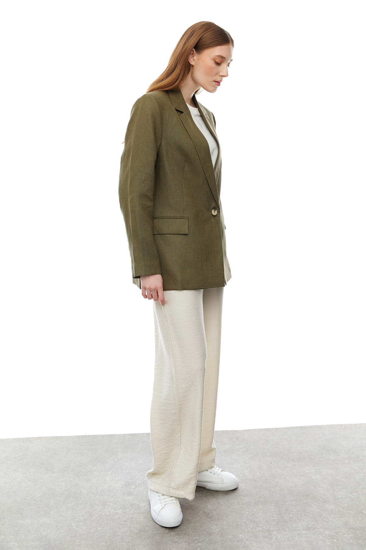 PAULMARK  Kadın Tek Düğmeli Keten Ceket - Görsel 5