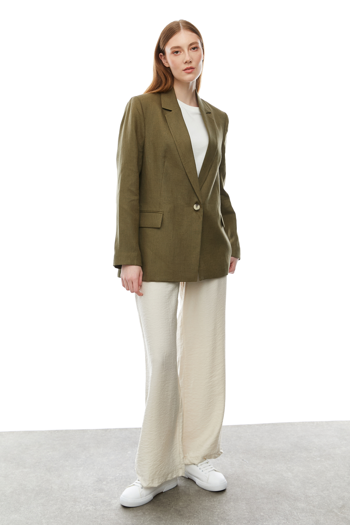 PAULMARK  Kadın Tek Düğmeli Keten Ceket - Görsel 4