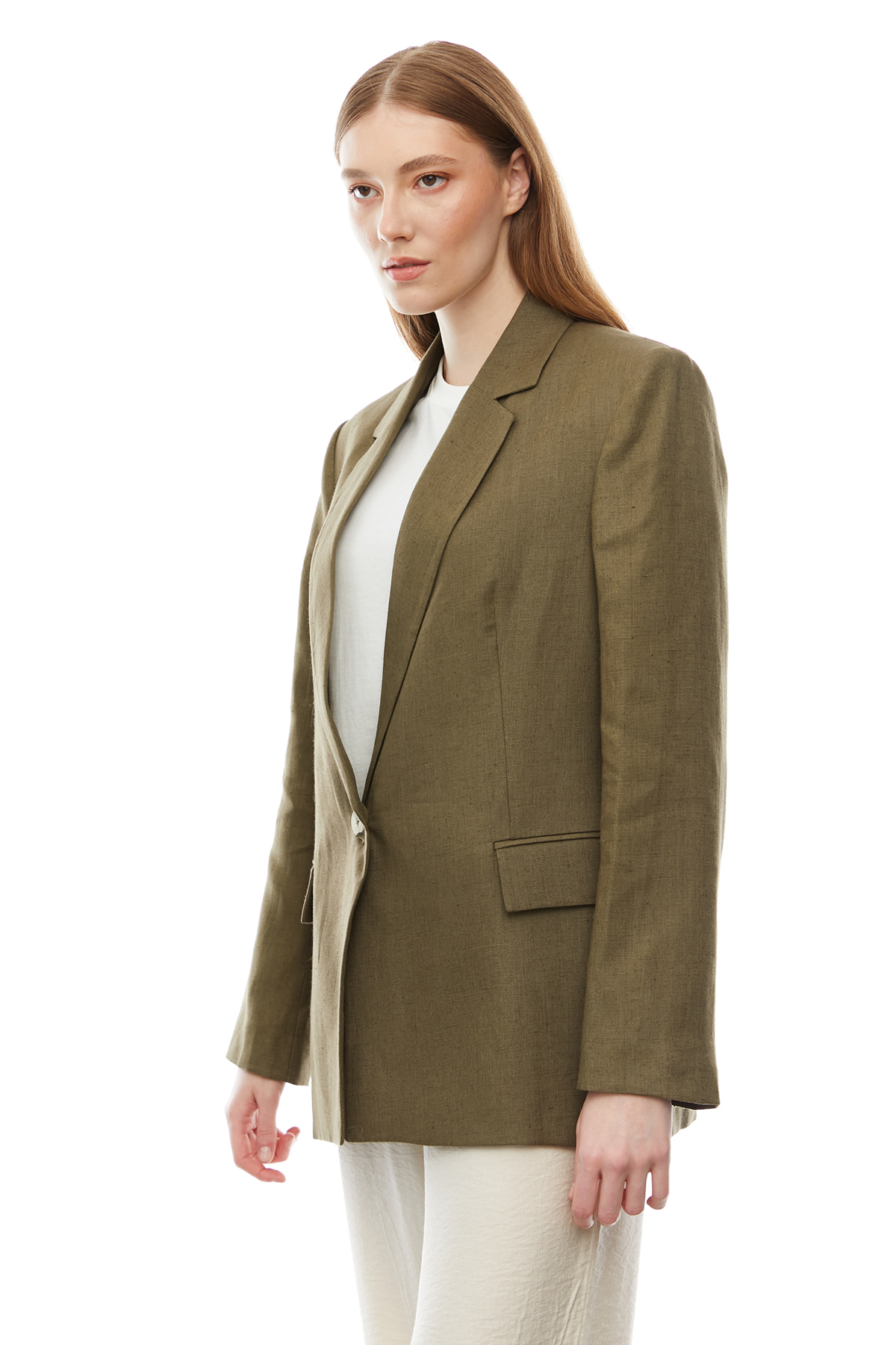 PAULMARK  Kadın Tek Düğmeli Keten Ceket - Görsel 3