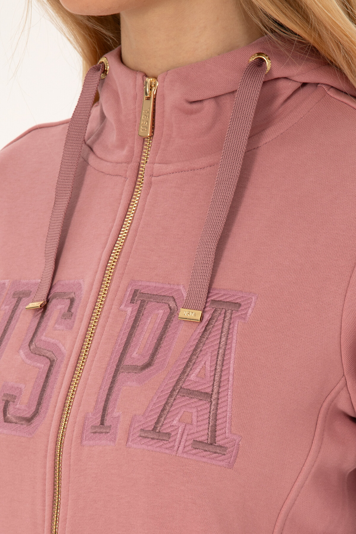 U.S. Polo Assn.  Kadın Gül Kurusu Fermuarlı Kapüşonlu Basic Sweatshirt 50307769-VR221 - Görsel 7