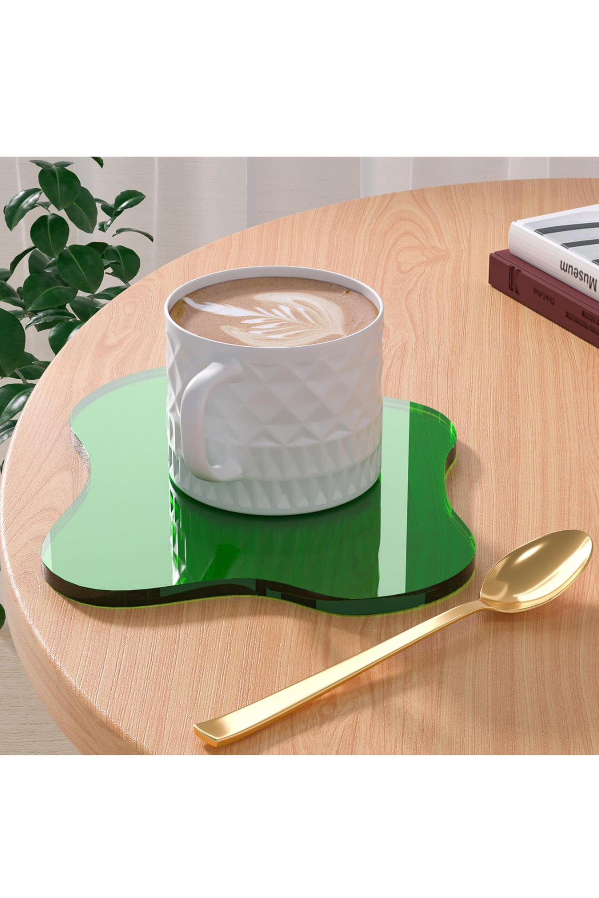 Bola Concept Yeşil Akrilik Dalga Formlu Bardak Altlığı 4 mm Pleksi Dekoratif Altlık (4 Adet)